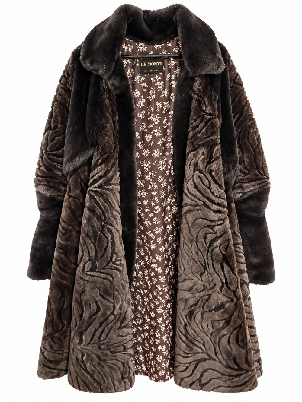 Vintage Le Monti Faux Fur Coat – Brown & Black Textured Pattern M Made in USA
